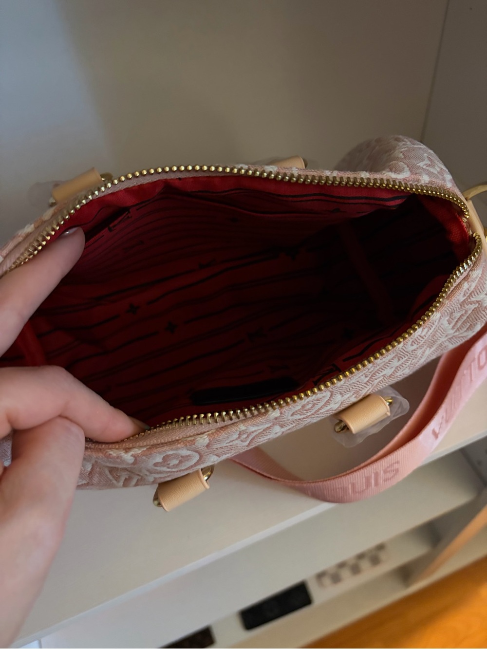 Tous Pink Jacquard Crossbody with Gold Hardware and Red Lining